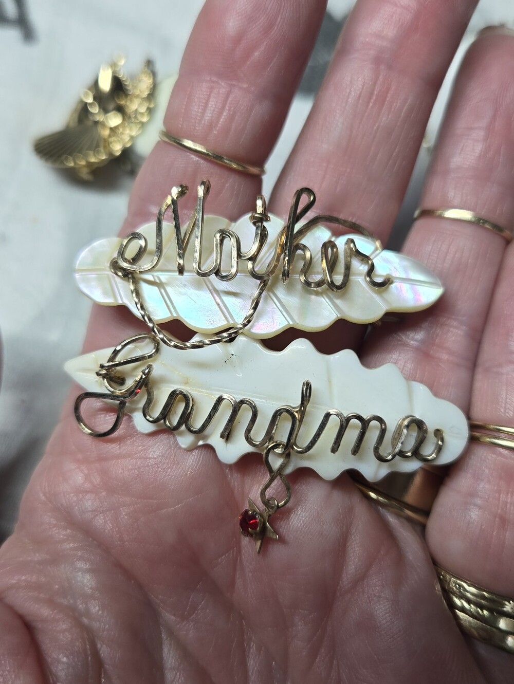 Mother & Grandma Gold Filled Wire Script Pin Set with Mother-of-Pearl